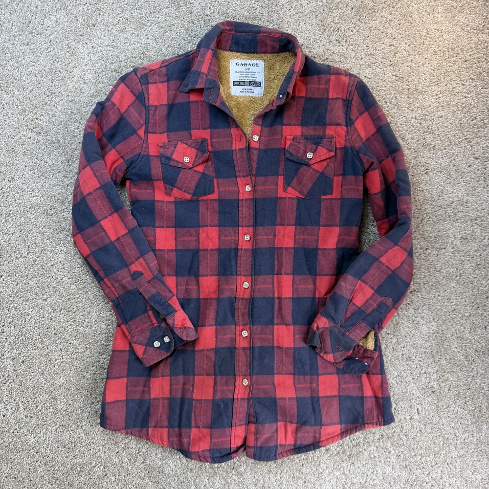 Garage Jacket Womens S Red Plaid Flannel Sherpa Lined Mid Length Button Front